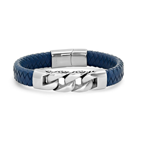 Blue Braided Leather Bracelet With Stainless Steel Chain Accent