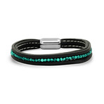 Beaded Accent Leather Bracelet // Black + Green + Silver