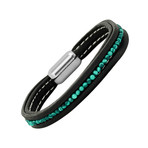 Beaded Accent Leather Bracelet // Black + Green + Silver