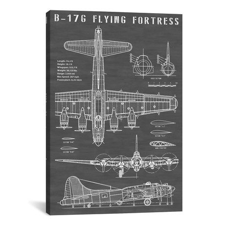 B-17 Vintage Bomber Airplane | Black // Action Blueprints (12"W x 18"H x 0.75"D)