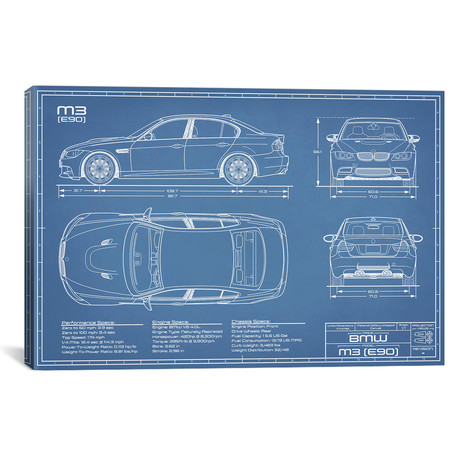 BMW M3 (E90) Blueprint // Action Blueprints (18"W x 12"H x 0.75"D)