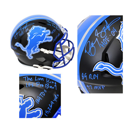 Barry Sanders Signed Detroit Lions Flat Black Matte // Riddell Speed Replica Helmet // Full Size with 7 Inscriptions