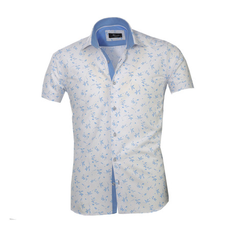 Floral Short Sleeve Button Down Shirt // Light Blue + White (S)