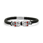 Braided Leather + Stainless Steel Skull Bracelet // Black + Silver + Red