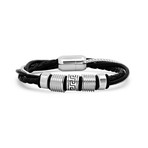 Layered Leather + Stainless Steel Wheat Chain Bracelet // Black + Silver