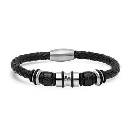 Braided Leather + Stainless Steel Beaded Bracelet // Black + Metallic