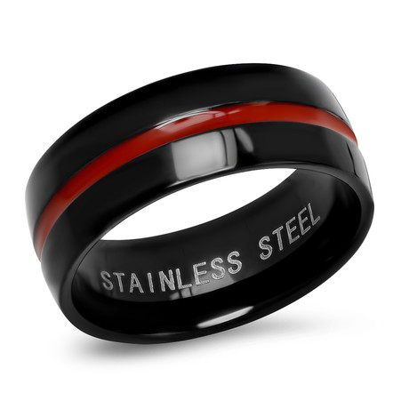Two-Tone Stainless Steel Band Ring // Shiny // Black + Red (Size 9)