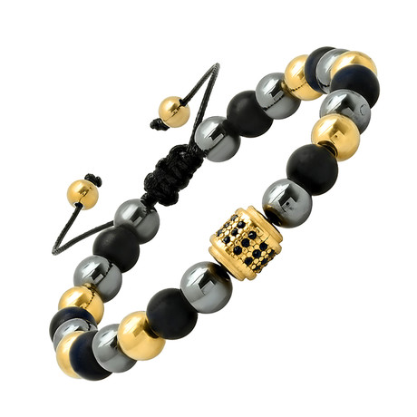 Lava + Hematite + Gold Beaded Bracelet // Black + Yellow + Gray