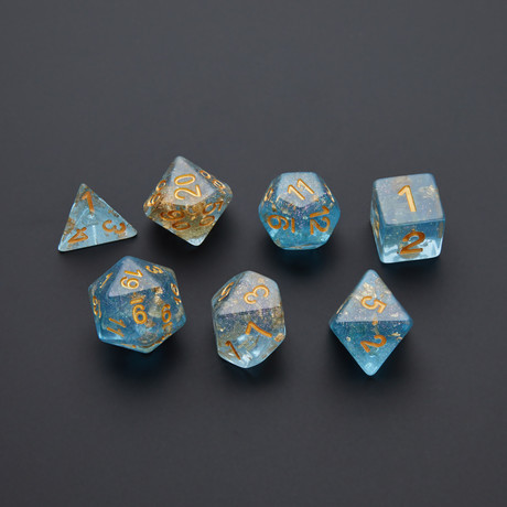 Resin Polyhedral Dice Set // Gold Foil // 16mm (Blue)