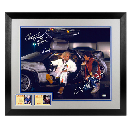 Michael J. Fox & Christopher Lloyd // Autographed Back to the Future Marty McFly & Doc DeLorean Framed Scene Photo