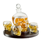 Skull Decanter Wooden Tray + 4 Shot Glasses