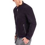 Hugo Buttoned Collar Leather Jacket // Navy (L)