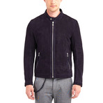 Hugo Buttoned Collar Leather Jacket // Navy (L)