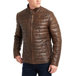 Matt Buttoned Collar Leather Jacket // Brown (XL)