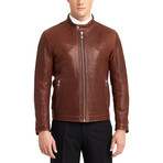 Hugo Buttoned Collar Leather Jacket // Red + Brown (2XL)