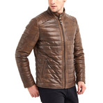 Matt Buttoned Collar Leather Jacket // Brown (L)