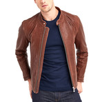 Hugo Buttoned Collar Leather Jacket // Red + Brown (L)