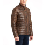 Matt Buttoned Collar Leather Jacket // Brown (3XL)