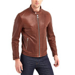Hugo Buttoned Collar Leather Jacket // Red + Brown (L)