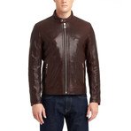 Hugo Buttoned Collar Leather Jacket // Chestnut (L)