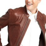 Hugo Buttoned Collar Leather Jacket // Red + Brown (XL)