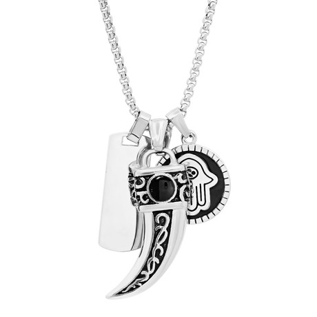 Stainless Steel Hamsa + Horn + Dog Tag Pendant Necklace (White)