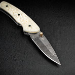 Barca Damascus Steel Folding Knife // Carved Bone Handle