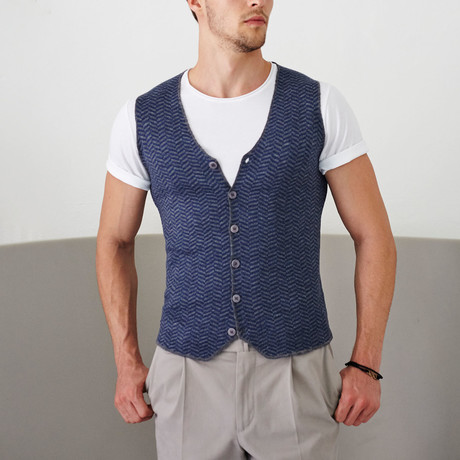 Jacquard Woolen Button Up Vest // Gray + Royal Blue (XS)