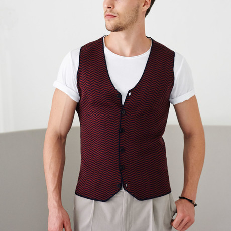 Jacquard Woolen Buttoned Up Vest // Navy Blue + Burgundy (XS)