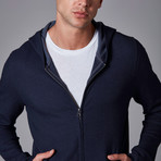 Jacquard Knit Hoodie + Zipper + Contrast Pockets // Navy Blue (L)