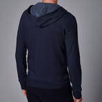 Jacquard Knit Hoodie + Zipper + Contrast Pockets // Navy Blue (L)