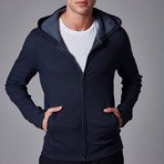 Jacquard Knit Hoodie + Zipper + Contrast Pockets // Navy Blue (L)