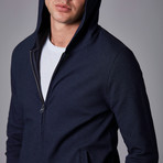 Jacquard Knit Hoodie + Zipper + Contrast Pockets // Navy Blue (L)