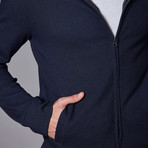 Jacquard Knit Hoodie + Zipper + Contrast Pockets // Navy Blue (L)