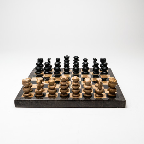 Small // Black + Brown Onyx Polished Chess Set