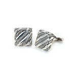 Sterling Silver Slanted Rope Line Design Square Cuff Links
