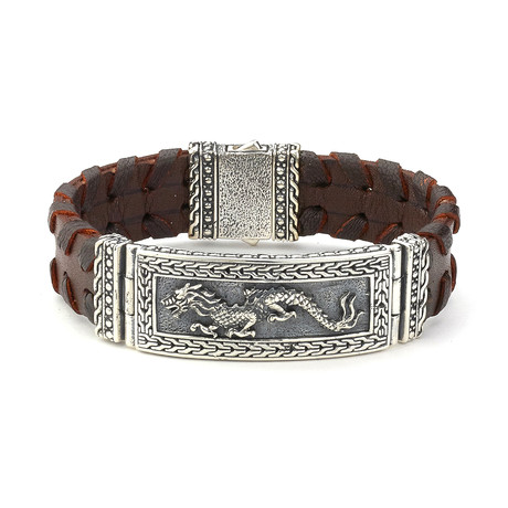 Sterling Silver + Leather Dragon Bracelet // Brown