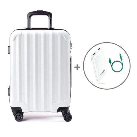 Super Charged Carry-On Spinner + Integrated Power Pack + Green Cable (Brushed Chrome)