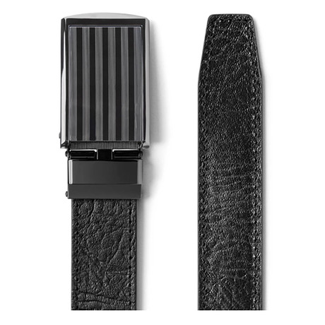 Top Grain Leather Belt // Black + Gunmetal Bar Stripe Buckle