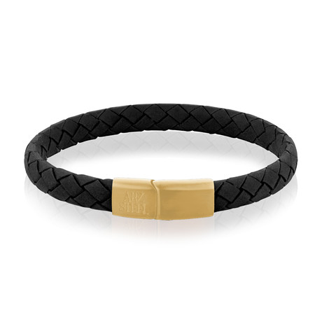 Stainless Steel + Leather Bracelet // Black + Gold // 9" (7.5")