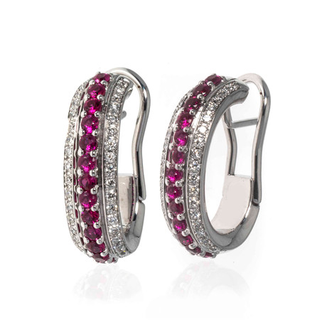 Crivelli 18k White Gold Diamond + Ruby Huggie Earrings