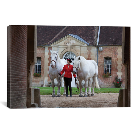 Haras Du Pin, Lady In Stables With Two Percheron Horses (18"W x 12"H x 0.75"D)