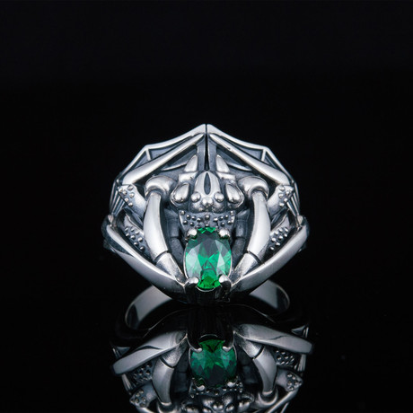 Spider Ring + Green CZ Gem // Silver (5)