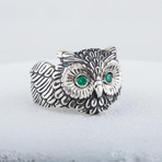 Owl Ring + Green CZ Eyes // Silver (7)