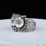 Owl Ring + Green CZ Eyes // Silver (7)