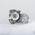 Owl Ring + Green CZ Eyes // Silver (7)