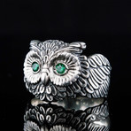 Owl Ring + Green CZ Eyes // Silver (7)