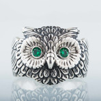 Owl Ring + Green CZ Eyes // Silver (7)