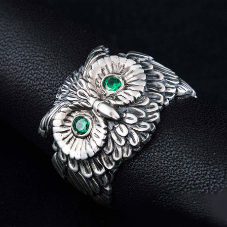 Owl Ring + Green CZ Eyes // Silver (5)