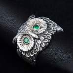 Owl Ring + Green CZ Eyes // Silver (7)